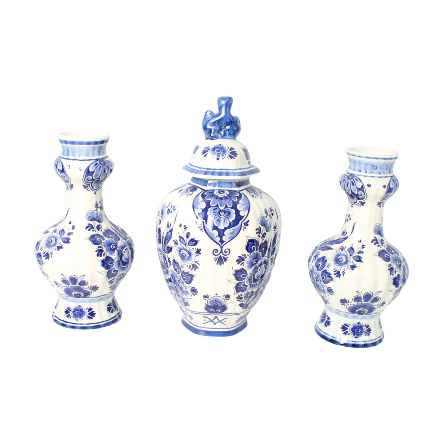 Handgeschilderde Delfts Blauwe Vazen Set door Flora/Royal Goedewaagen, Midden 20e Eeuw, Nederlandse Keramiek, Verzamelobject