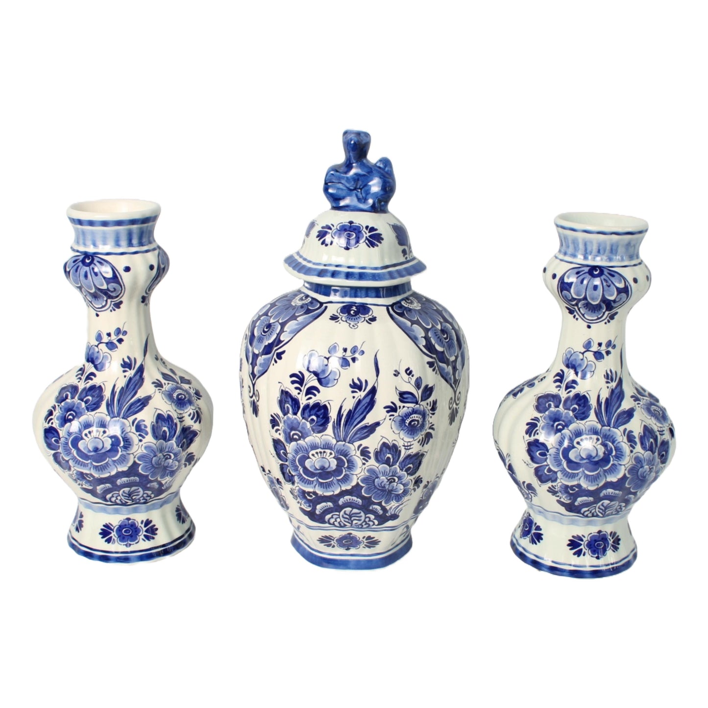 Handgeschilderde Delfts Blauwe Vazen Set door Flora/Royal Goedewaagen, Midden 20e Eeuw, Nederlandse Keramiek, Verzamelobject