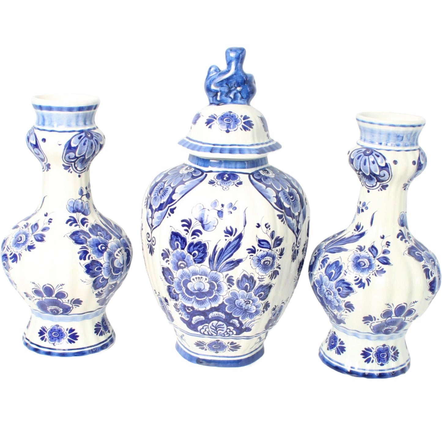 Handgeschilderde Delfts Blauwe Vazen Set door Flora/Royal Goedewaagen, Midden 20e Eeuw, Nederlandse Keramiek, Verzamelobject