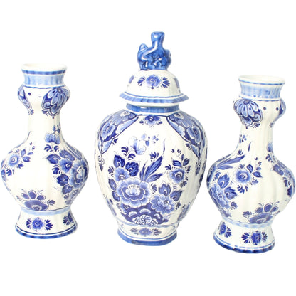 Handgeschilderde Delfts Blauwe Vazen Set door Flora/Royal Goedewaagen, Midden 20e Eeuw, Nederlandse Keramiek, Verzamelobject