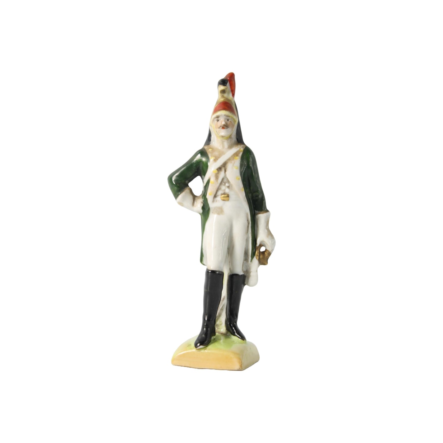 Antiek Handbeschilderd Porseleinen Beeldje van Napoleontische Soldaat, Duitse Keramiek, 11 cm Hoog, gratis verzending