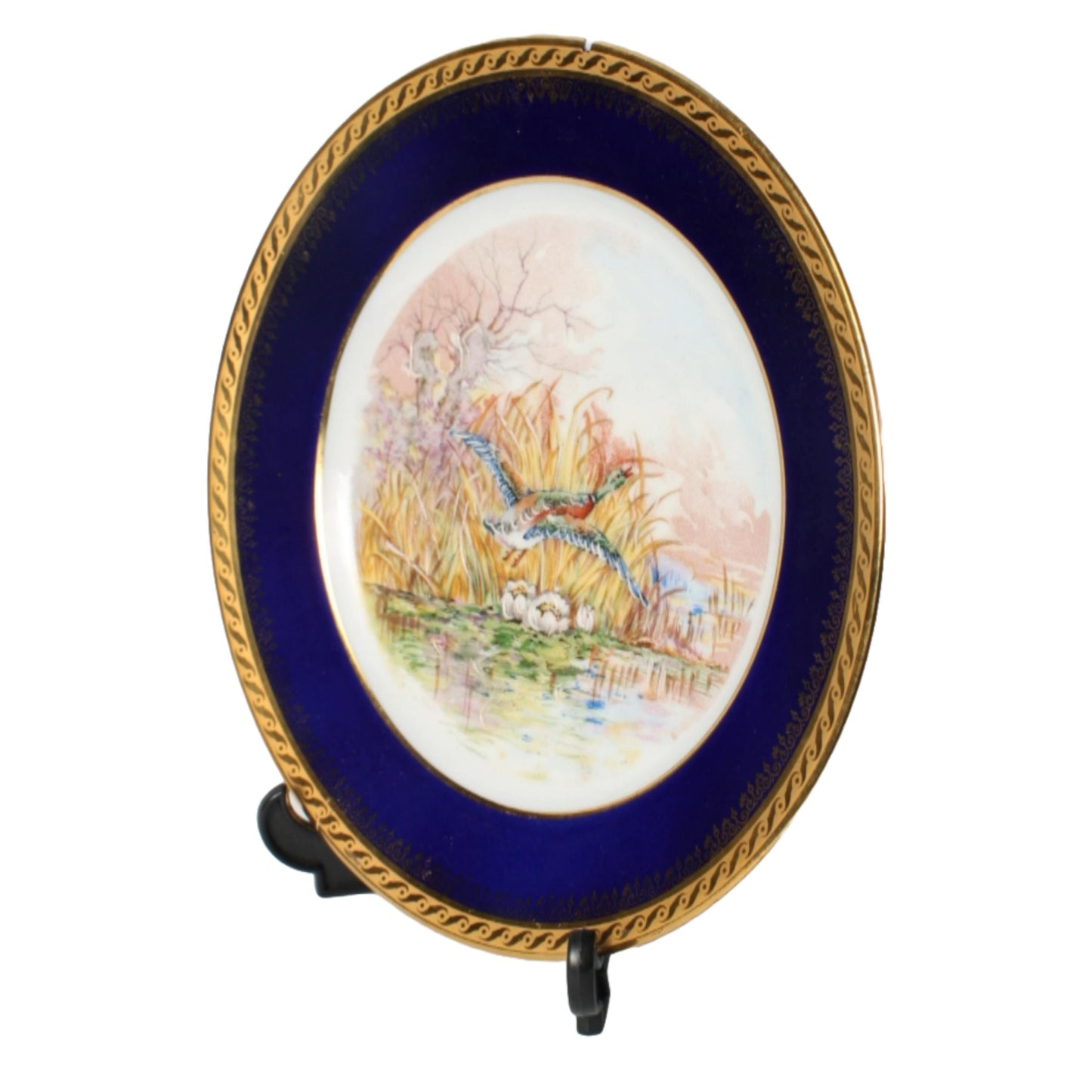 Handgeschilderd Limoges Porseleinen Decoratief Bord met Natuurtafereel, Véritable Bleu de Four, Frankrijk, Circa 1930-1950 Gratis Verzending