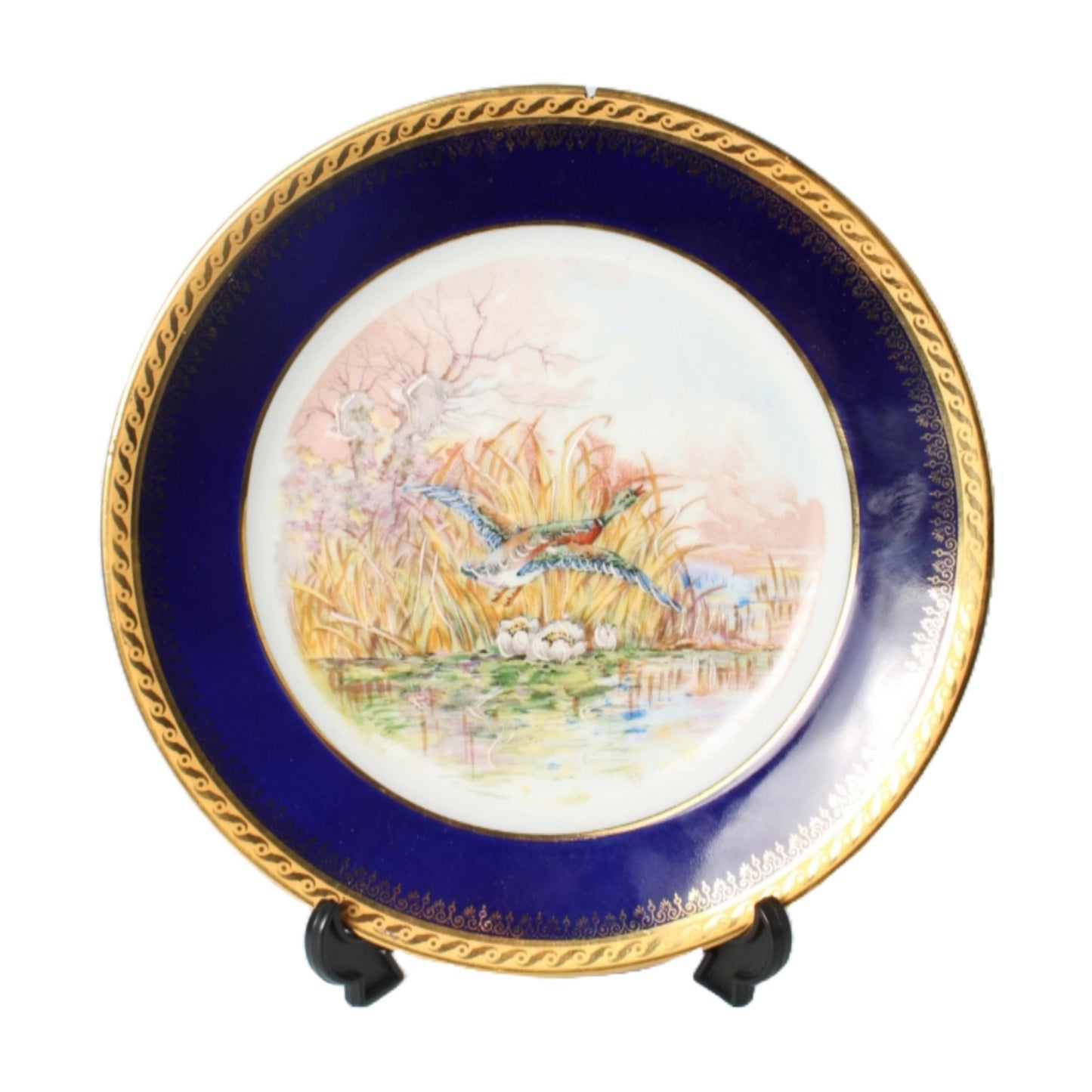 Handgeschilderd Limoges Porseleinen Decoratief Bord met Natuurtafereel, Véritable Bleu de Four, Frankrijk, Circa 1930-1950 Gratis Verzending