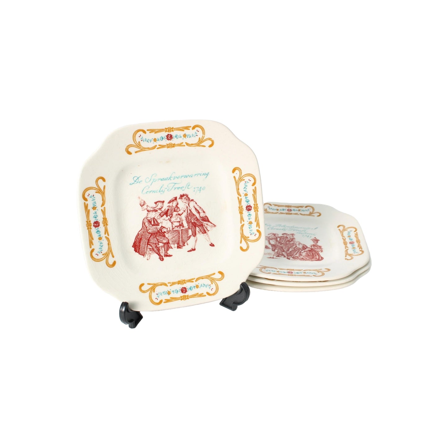 Set van Vier Decoratieve Cornelis Troost Wandborden, Boch Frères, België, 1950-1970, Met Illustraties van 18e-eeuwse Satirische Scènes