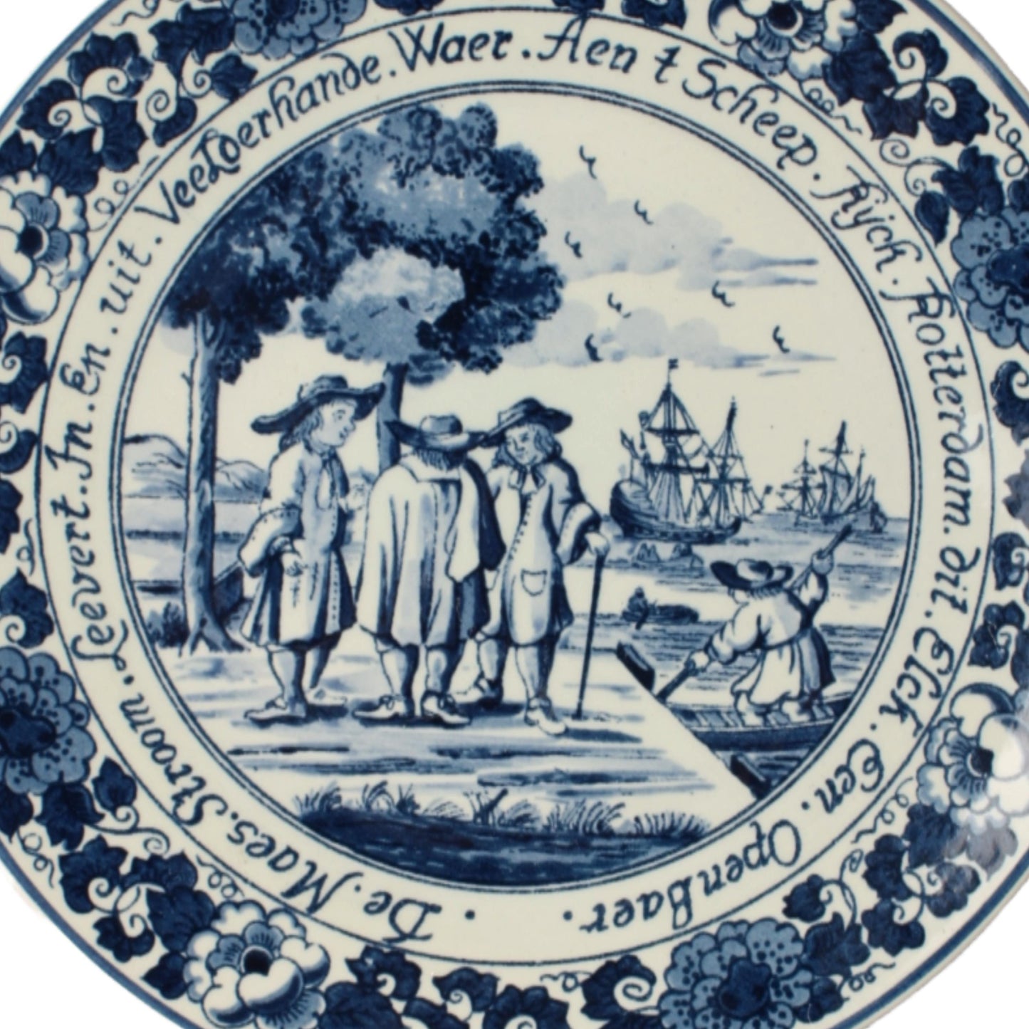 Handbeschilderd Delftsblauw Bord uit Nederland, 24 cm, Historische Afbeelding van Handel en Scheepvaart, Verzamelaarsobject