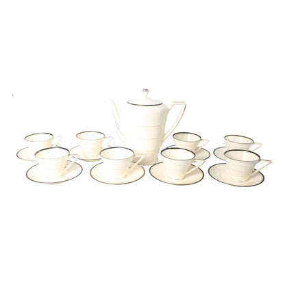 Vintage Mosa Maastricht Plateel servies 11 kopjes, 11 schotels, koffie/theekan, art deco stijl, 1930, craquelé, retro wit met gouden rand