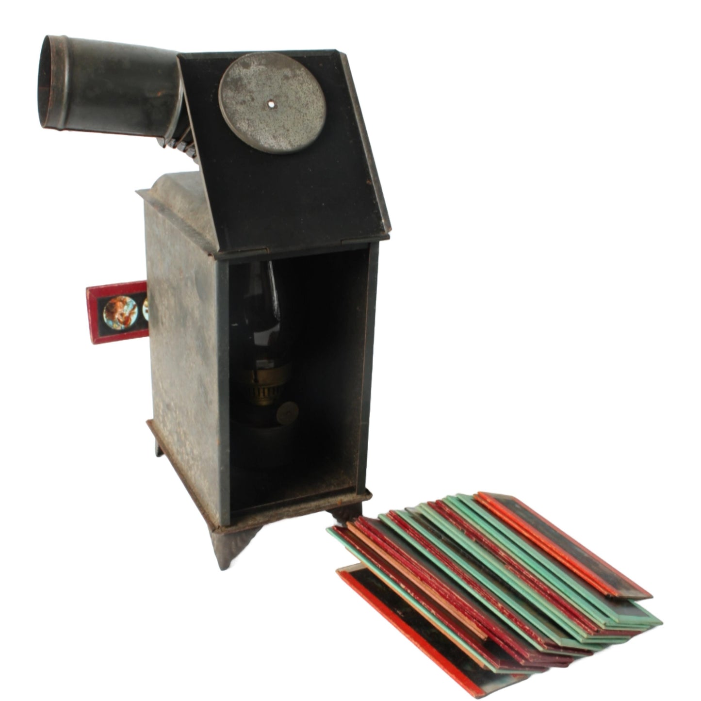 Antieke toverlantaarn met glazen platen, 19e-eeuwse projector met olielamp, educatieve projectieset, gratis verzending