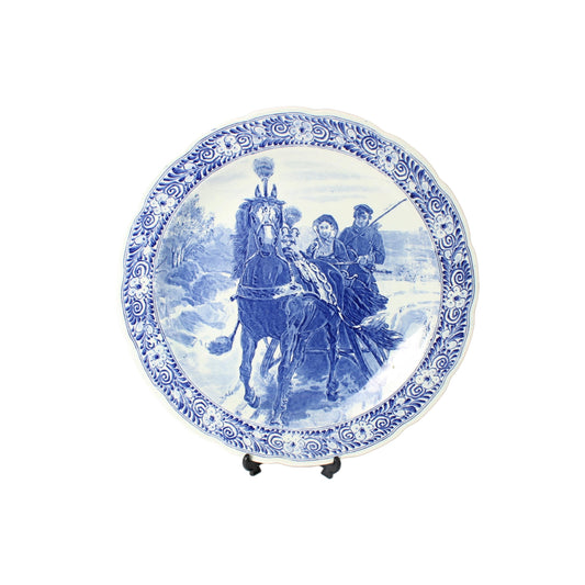 Authentiek Royal Sphinx Delfts Blauw Wandbord met Paardenslee Scène, Handgeschilderd 38cm, Gratis Verzending