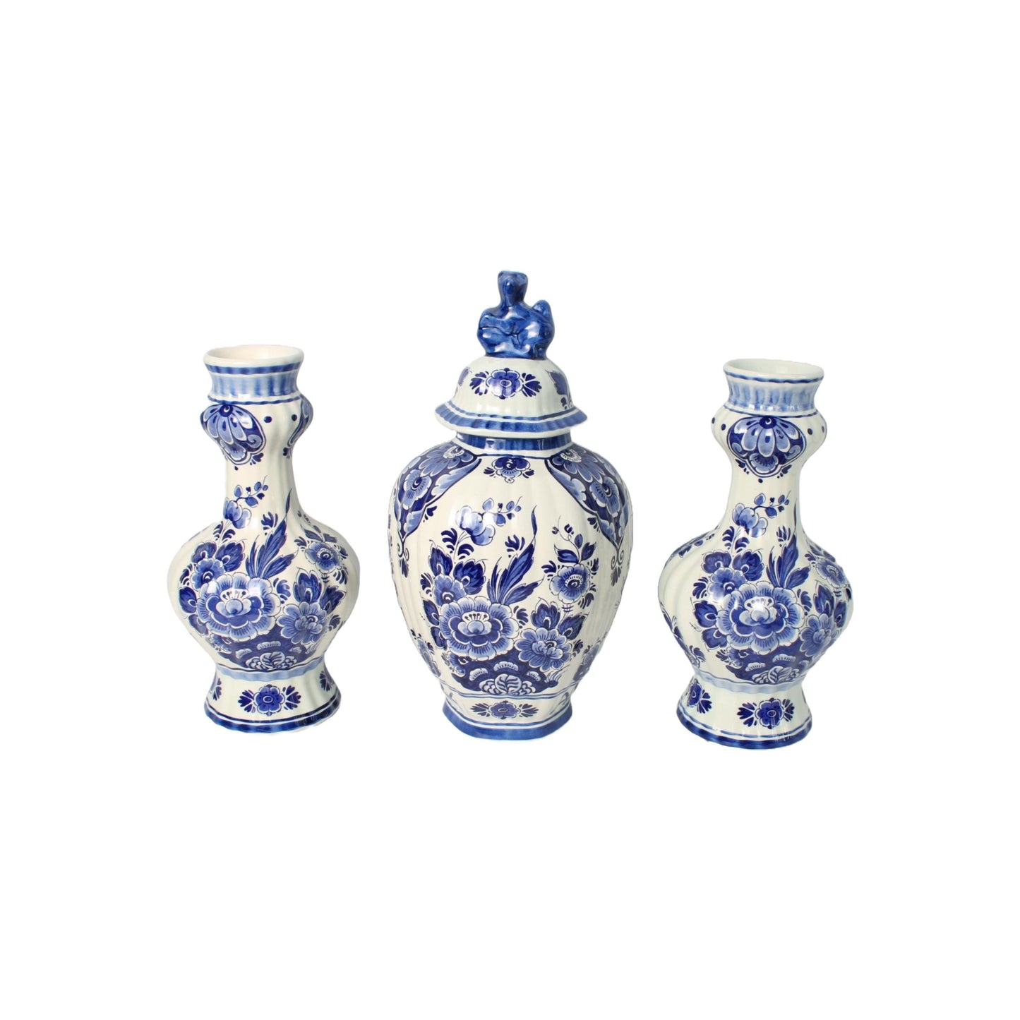 Handgeschilderde Delfts Blauwe Vazen Set door Flora/Royal Goedewaagen, Midden 20e Eeuw, Nederlandse Keramiek, Verzamelobject