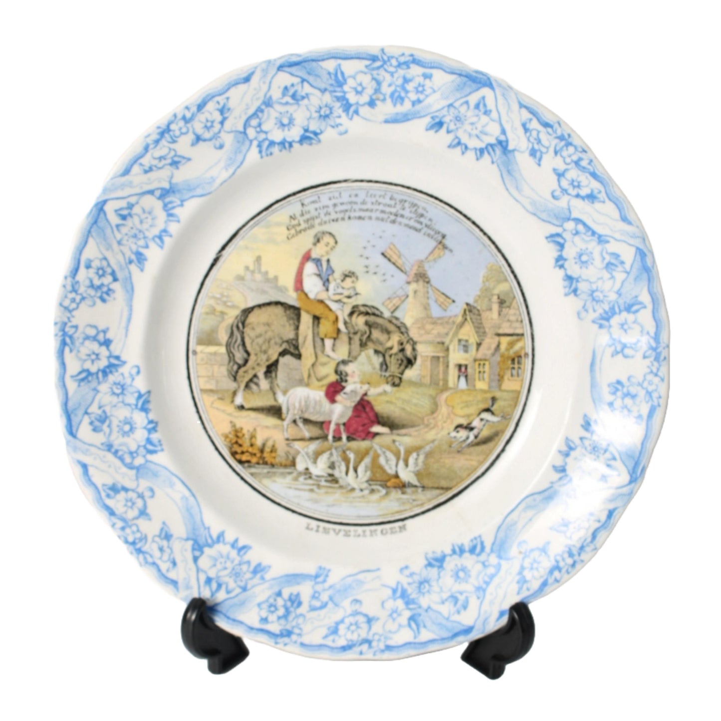 Antiek P. Regout Maastricht Bord "Lievelingen", Handgeschilderde Landelijke Scène, Circa 1900, Verzamelobject, Gratis verzending