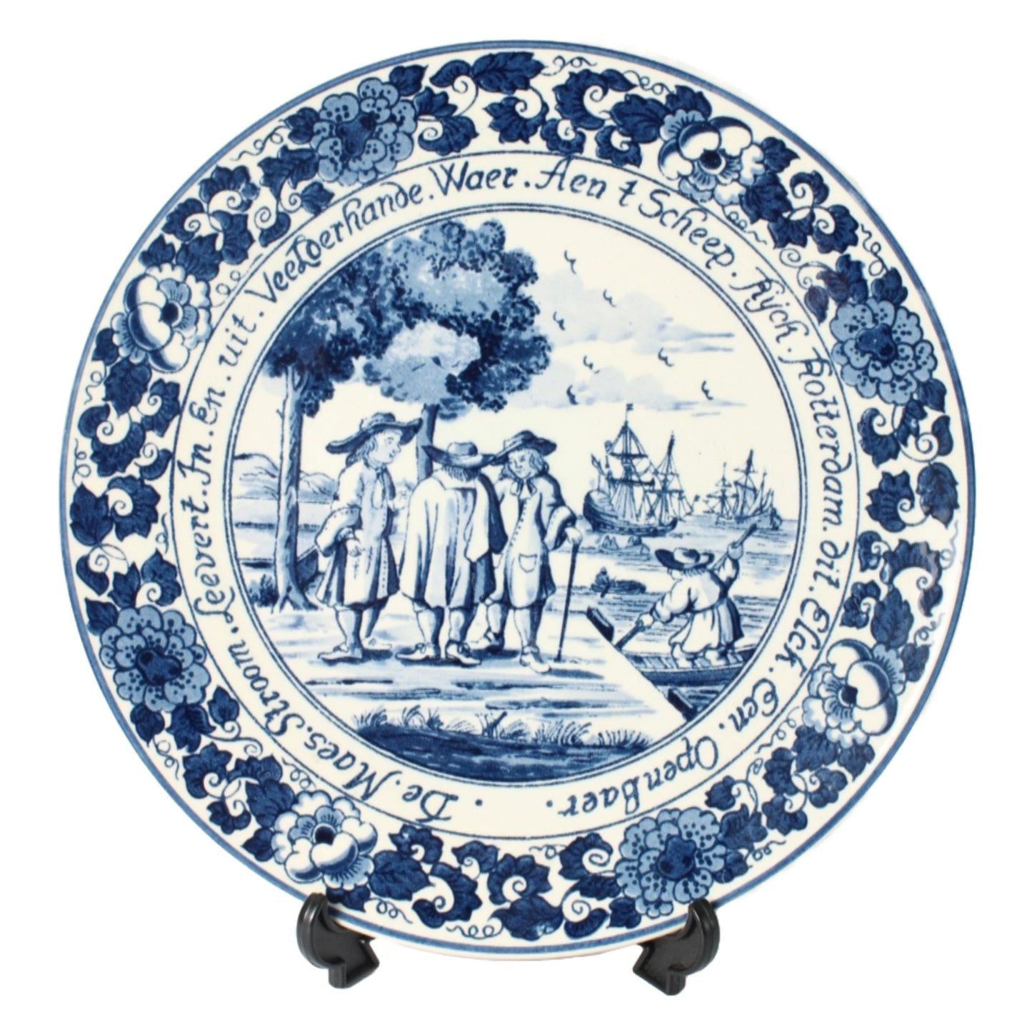 Handbeschilderd Delftsblauw Bord uit Nederland, 24 cm, Historische Afbeelding van Handel en Scheepvaart, Verzamelaarsobject