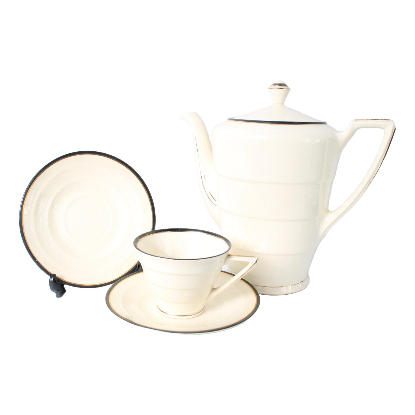 Vintage Mosa Maastricht Plateel servies 11 kopjes, 11 schotels, koffie/theekan, art deco stijl, 1930, craquelé, retro wit met gouden rand