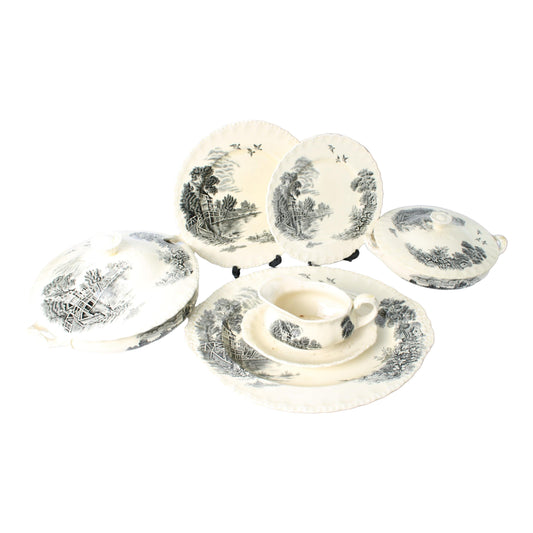 Vintage Grindley Meadowbrook servies uit Engeland, 17-delig compleet servies met landelijke landschapsdecoratie, Gratis Verzending