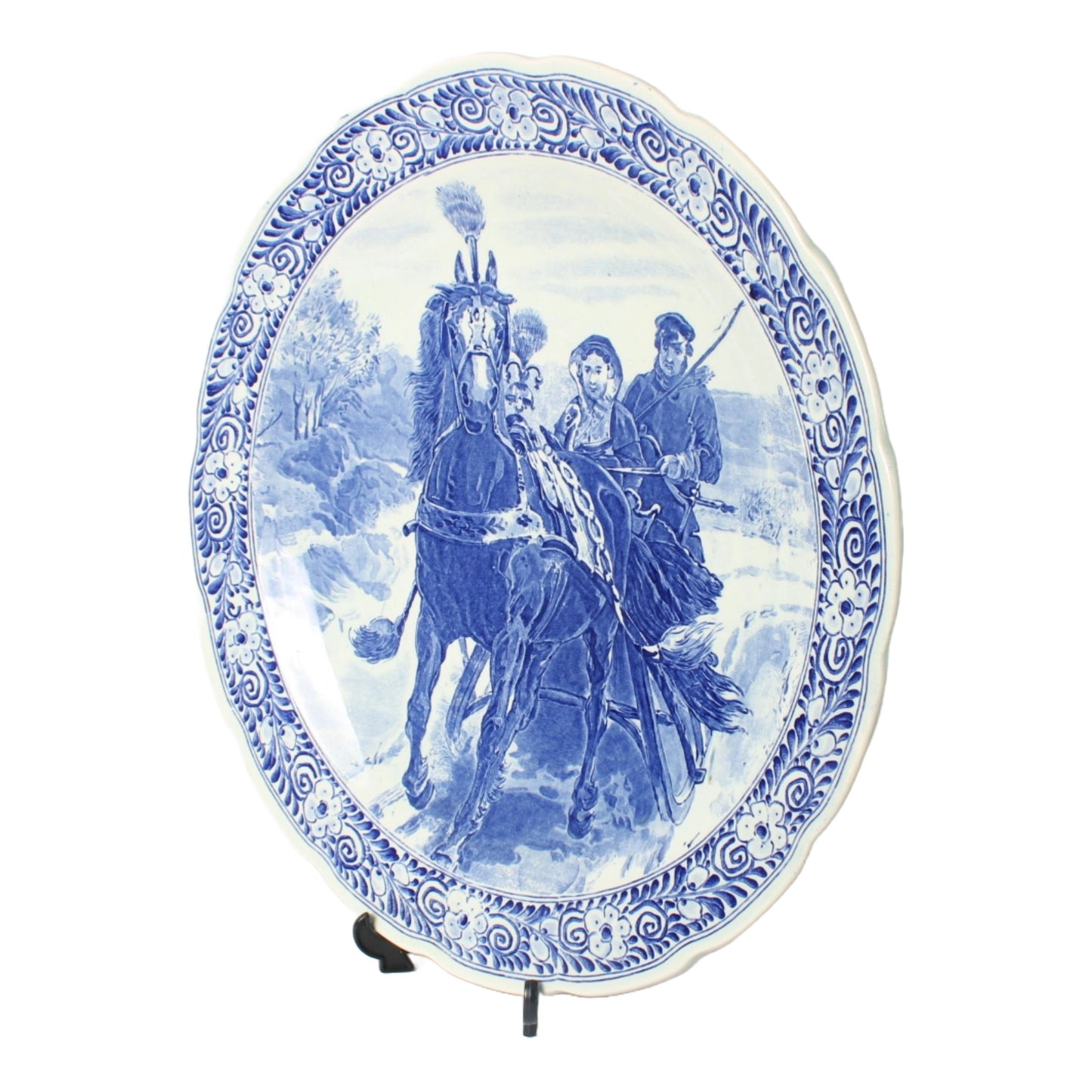 Authentiek Royal Sphinx Delfts Blauw Wandbord met Paardenslee Scène, Handgeschilderd 38cm, Gratis Verzending