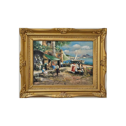 Uniek Italiaans kustschilderij "Marina di Napoli" door Franco Sannino, olieverf op paneel, Napolitaans vissersleven, met gouden lijst