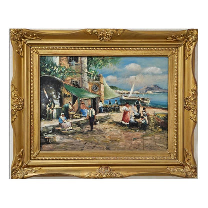 Uniek Italiaans kustschilderij "Marina di Napoli" door Franco Sannino, olieverf op paneel, Napolitaans vissersleven, met gouden lijst