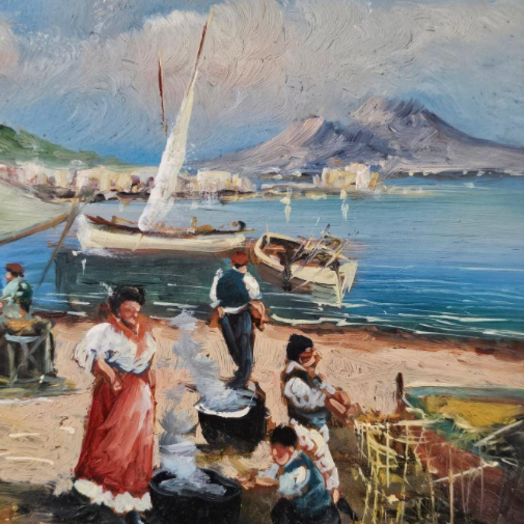 Uniek Italiaans kustschilderij "Marina di Napoli" door Franco Sannino, olieverf op paneel, Napolitaans vissersleven, met gouden lijst