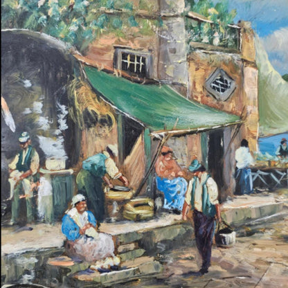 Uniek Italiaans kustschilderij "Marina di Napoli" door Franco Sannino, olieverf op paneel, Napolitaans vissersleven, met gouden lijst