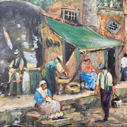 Uniek Italiaans kustschilderij "Marina di Napoli" door Franco Sannino, olieverf op paneel, Napolitaans vissersleven, met gouden lijst