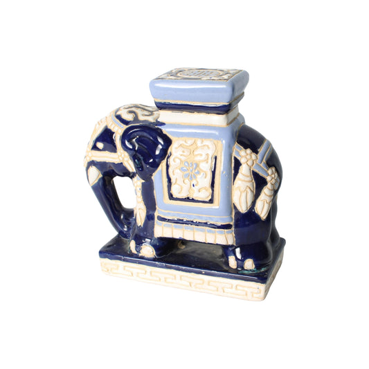 Handbeschilderde vintage keramieken olifant in Hollywood Regency stijl, blauw en goud, decoratief item, statement piece, 16 cm hoog.