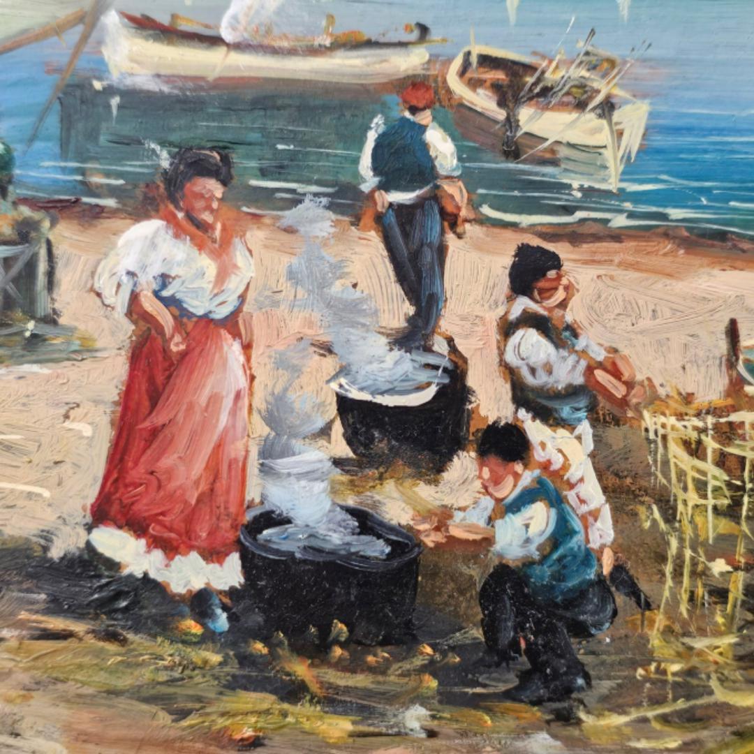 Uniek Italiaans kustschilderij "Marina di Napoli" door Franco Sannino, olieverf op paneel, Napolitaans vissersleven, met gouden lijst