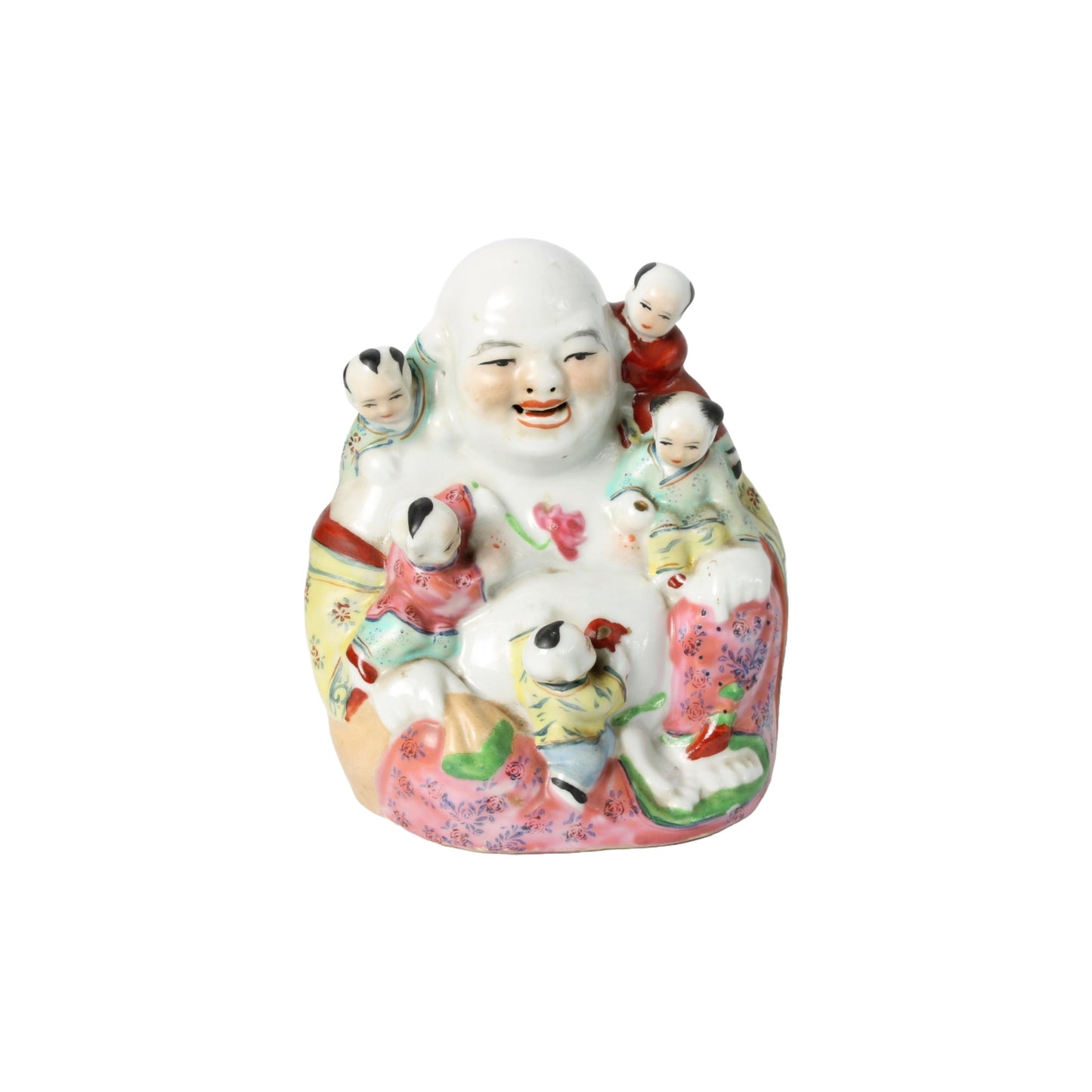 Antieke Famille Rose Lachende Boeddha met Vijf Kinderen  Symbolisch Chinees Porselein  Vreugde, Voorspoed en Geluk, 16 cm Hoog