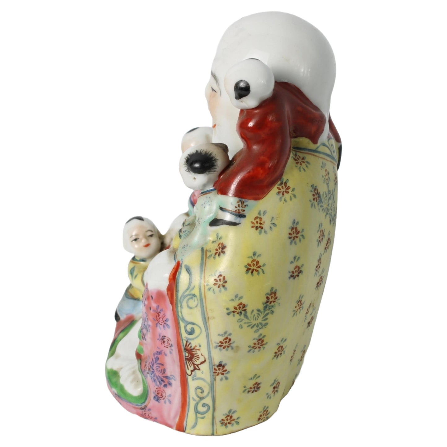 Antieke Famille Rose Lachende Boeddha met Vijf Kinderen  Symbolisch Chinees Porselein  Vreugde, Voorspoed en Geluk, 16 cm Hoog