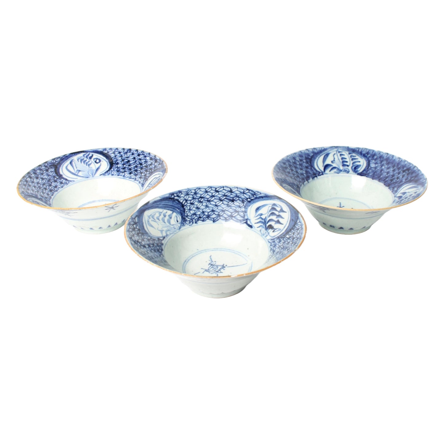 Zeldzame antieke Chinese klapmutskommen | Qing-dynastie porselein met blauw-wit decor Traditionele handbeschilderde rijstkommen (set van 3)