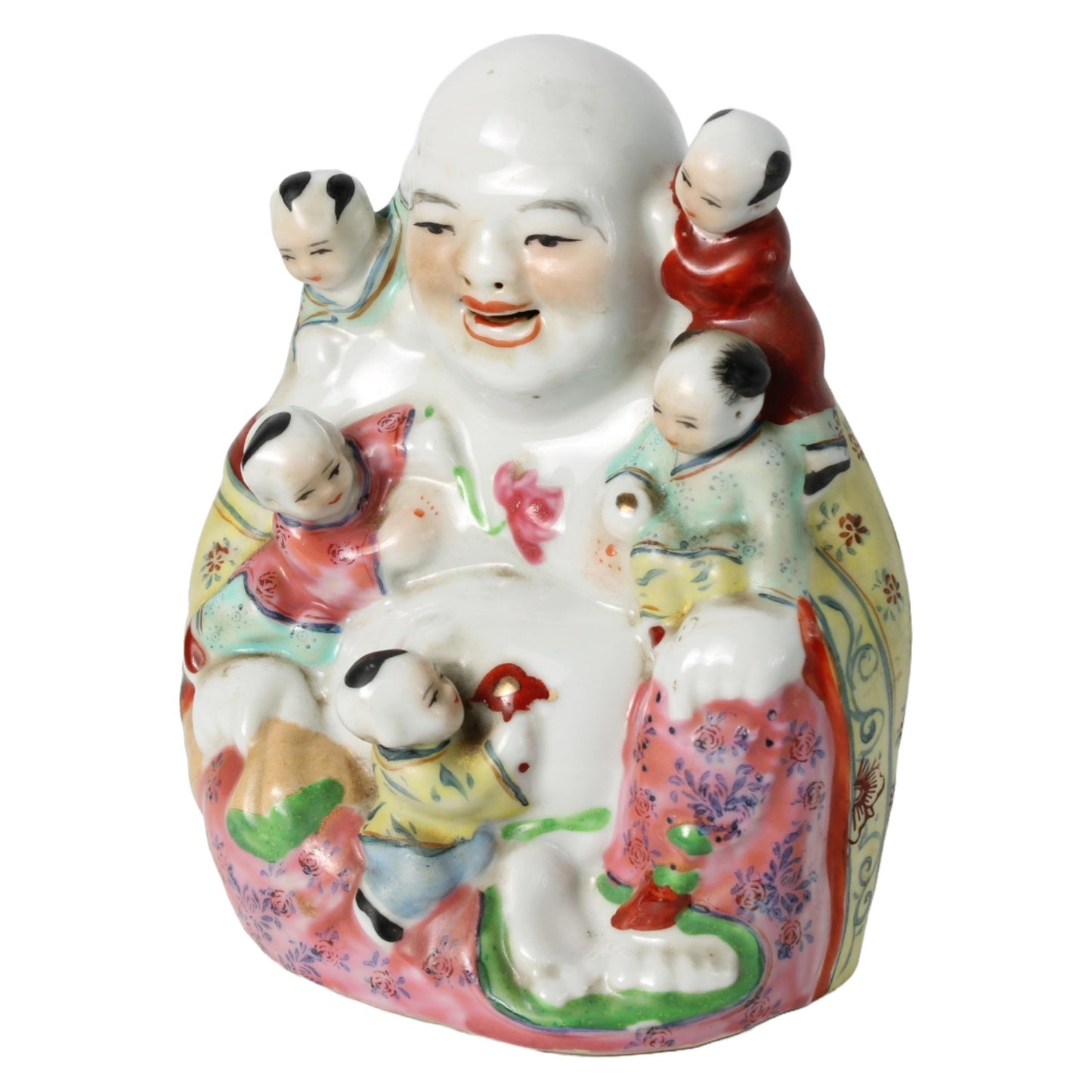 Antieke Famille Rose Lachende Boeddha met Vijf Kinderen  Symbolisch Chinees Porselein  Vreugde, Voorspoed en Geluk, 16 cm Hoog