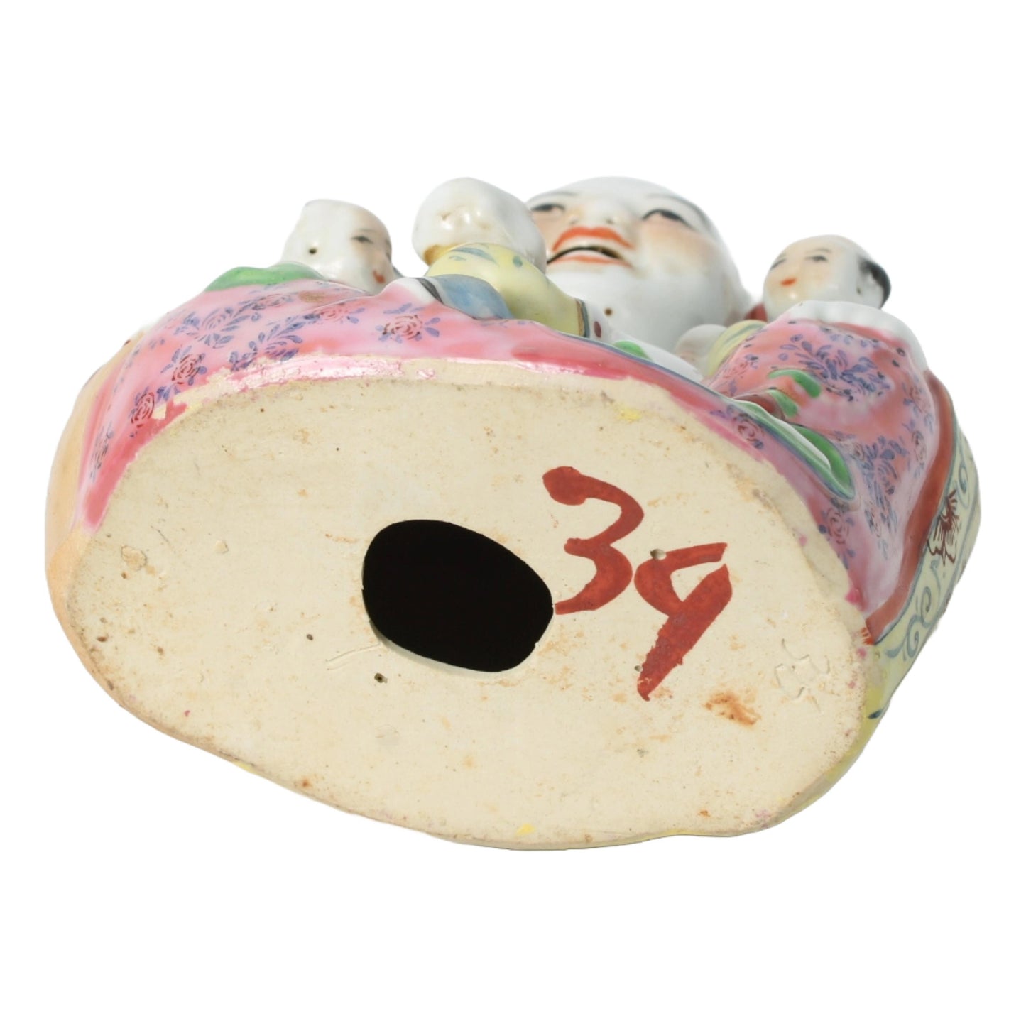 Antieke Famille Rose Lachende Boeddha met Vijf Kinderen  Symbolisch Chinees Porselein  Vreugde, Voorspoed en Geluk, 16 cm Hoog