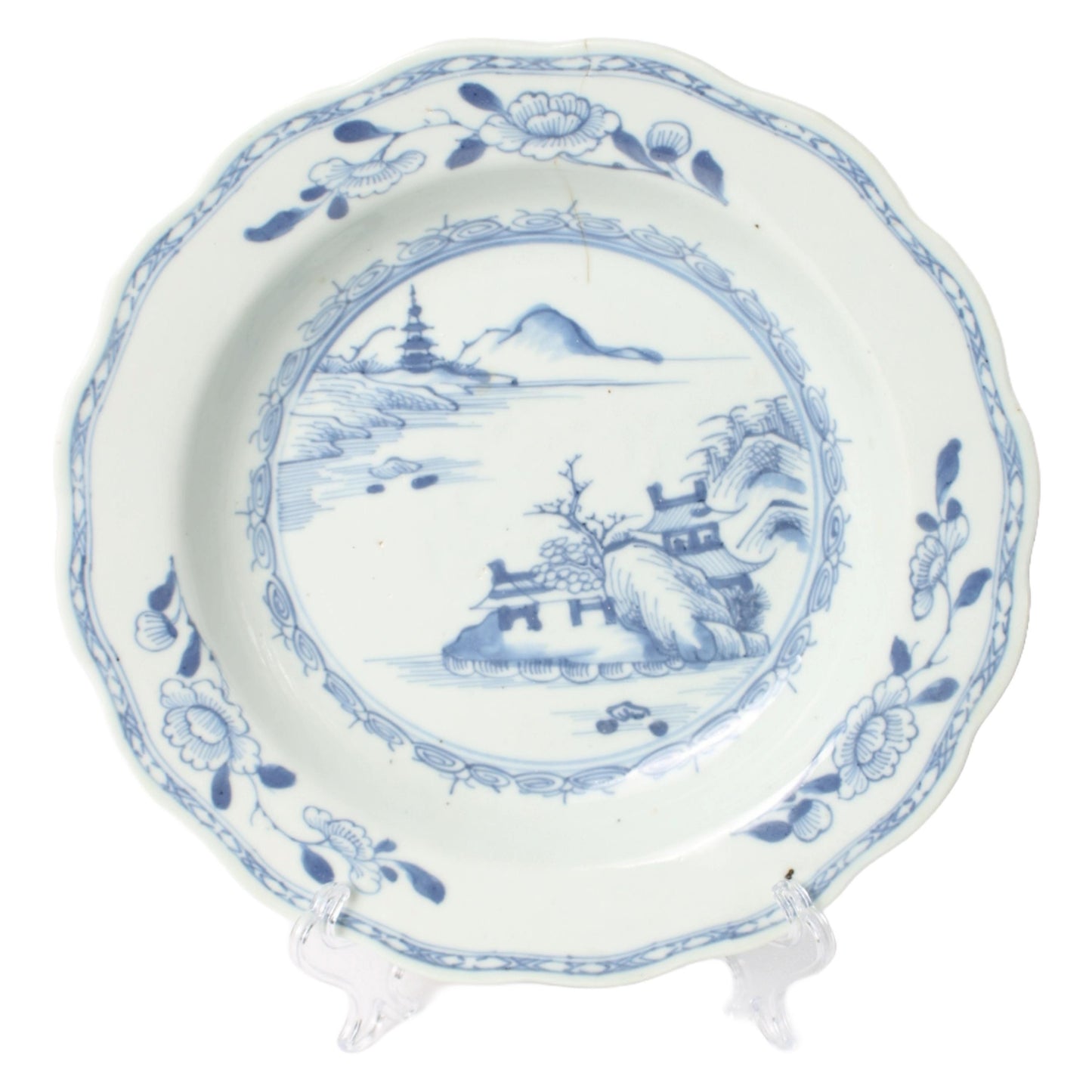 Prachtig Antiek Chinees Porseleinen Bord met Blauw-Wit Landschap  Decoratief en Historisch Qing Dynastie Stijl - Gratis Verzending