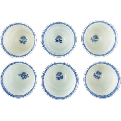 Antiek Hichozan Shinpo theeservies | 19e-eeuws Japans Arita-porselein | Zeldzaam blauw-wit servies met bloemmotieven | Verzamelobject