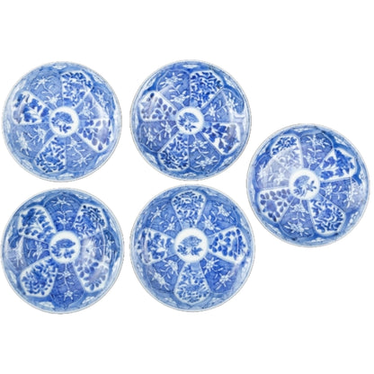 Antiek Hichozan Shinpo theeservies | 19e-eeuws Japans Arita-porselein | Zeldzaam blauw-wit servies met bloemmotieven | Verzamelobject