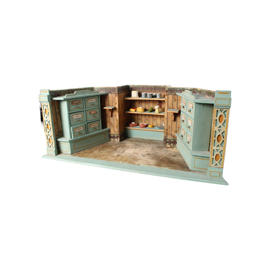 Antique Miniature Grocer or Colonial Toy Shop circa 1890–1920 | Featuring Painted Labels and Shelves | Decorative Showpiece