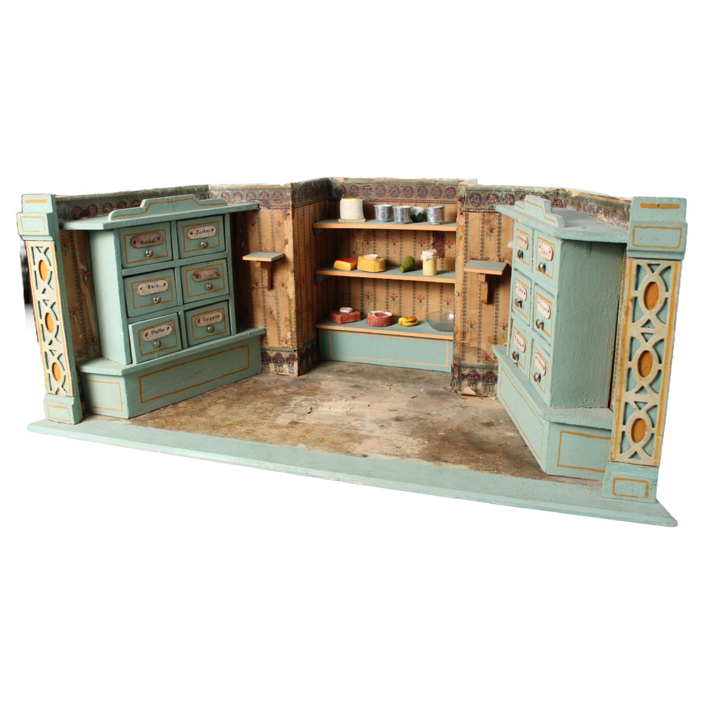 Antique Miniature Grocer or Colonial Toy Shop circa 1890–1920 | Featuring Painted Labels and Shelves | Decorative Showpiece