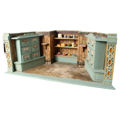Antique Miniature Grocer or Colonial Toy Shop circa 1890–1920 | Featuring Painted Labels and Shelves | Decorative Showpiece