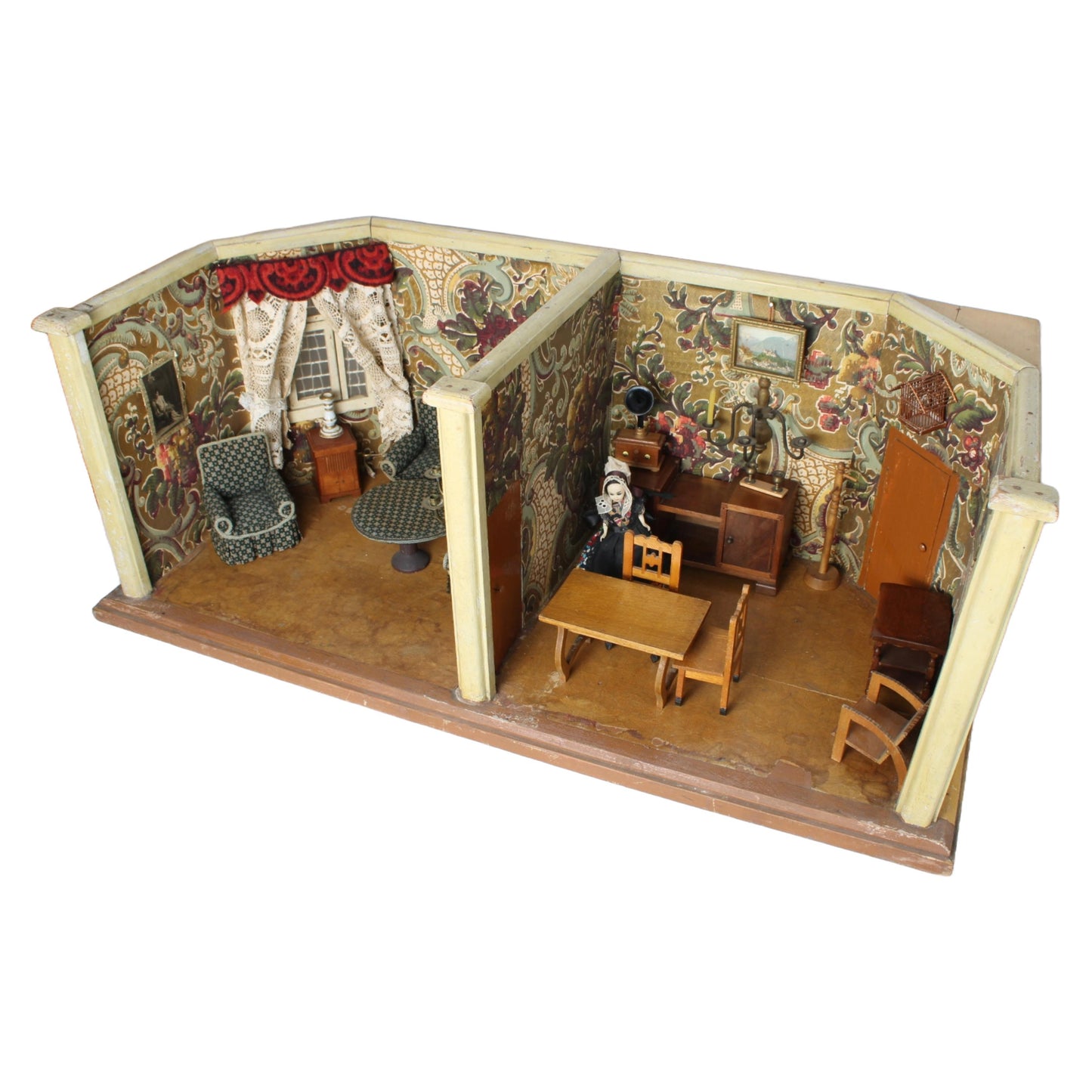 Antique Two-Room Dollhouse with Toilet, circa 1930–1950 | Complete with Furniture, Dolls & Floral Wallpaper | Rare Vintage Miniature Room