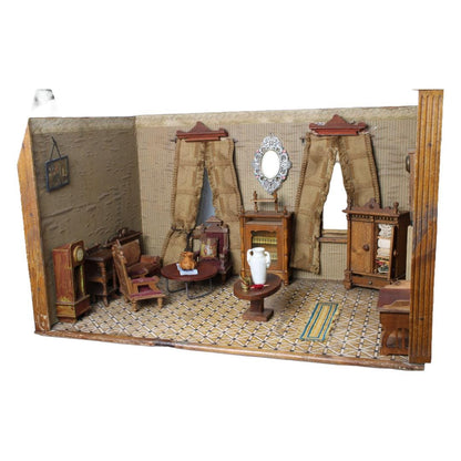 Antiek poppenhuis 'Villa Betsie' ca. 19101940 | Ingerichte woonkamer met meubels en accessoires | Nostalgisch collectors item