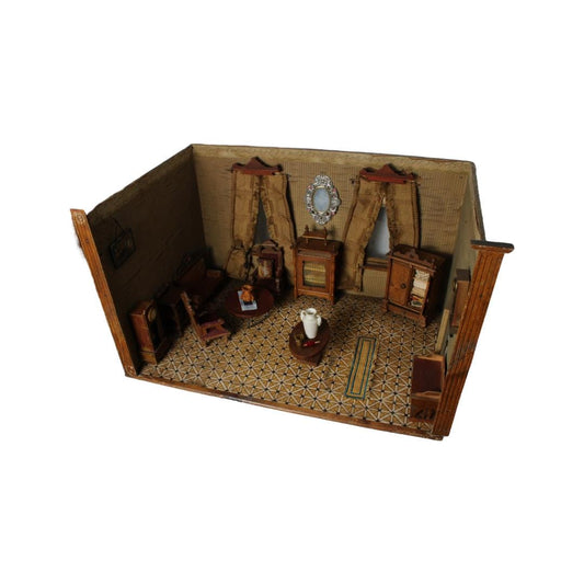 Antiek poppenhuis 'Villa Betsie' ca. 19101940 | Ingerichte woonkamer met meubels en accessoires | Nostalgisch collectors item