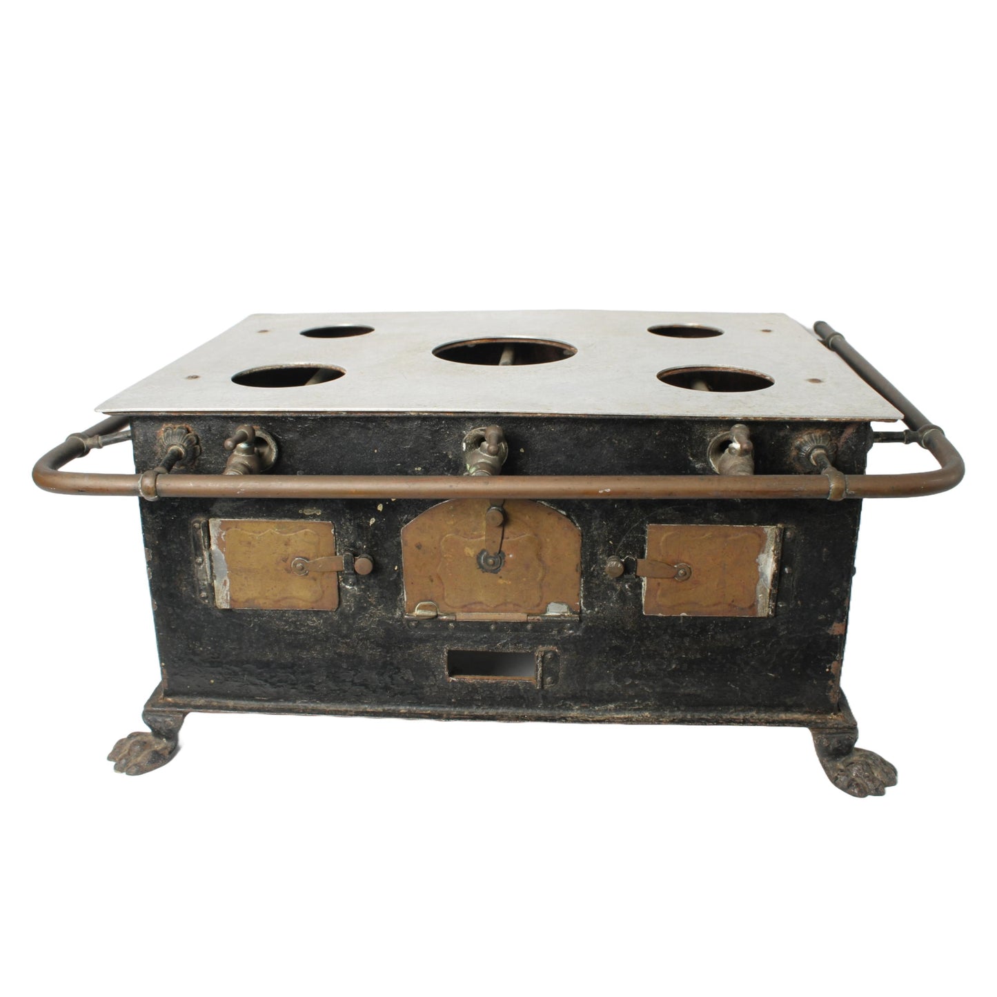 Zeldzaam antiek speelgoedfornuis met klauwpoten en pannenset ca. 19001925 | 22 cm hoog | 8.66 inch | Poppenhuisfornuis met gasleidingen