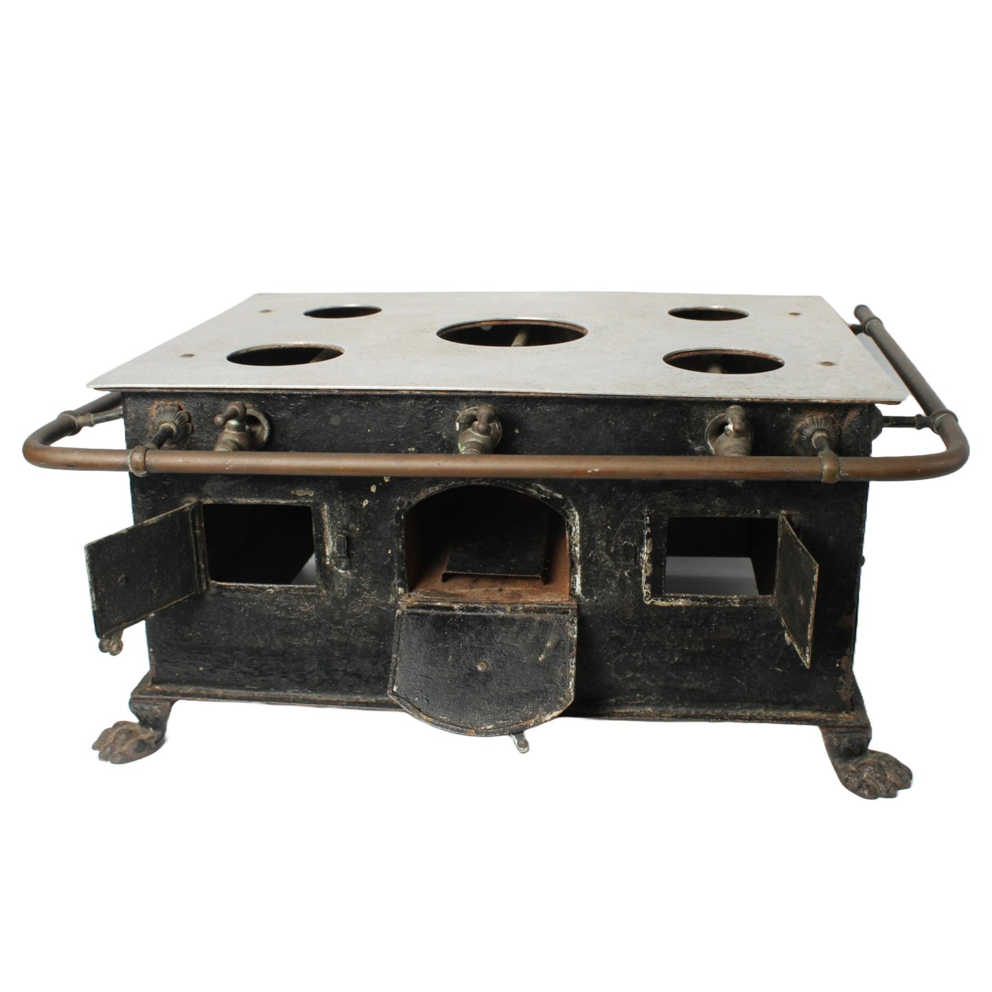 Zeldzaam antiek speelgoedfornuis met klauwpoten en pannenset ca. 19001925 | 22 cm hoog | 8.66 inch | Poppenhuisfornuis met gasleidingen