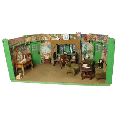 Antique Dollhouse Living Room, circa 1935–1950 | Detailed Miniature Interior with Furniture, Dolls & Wall Decorations | Rare Vintage Toy