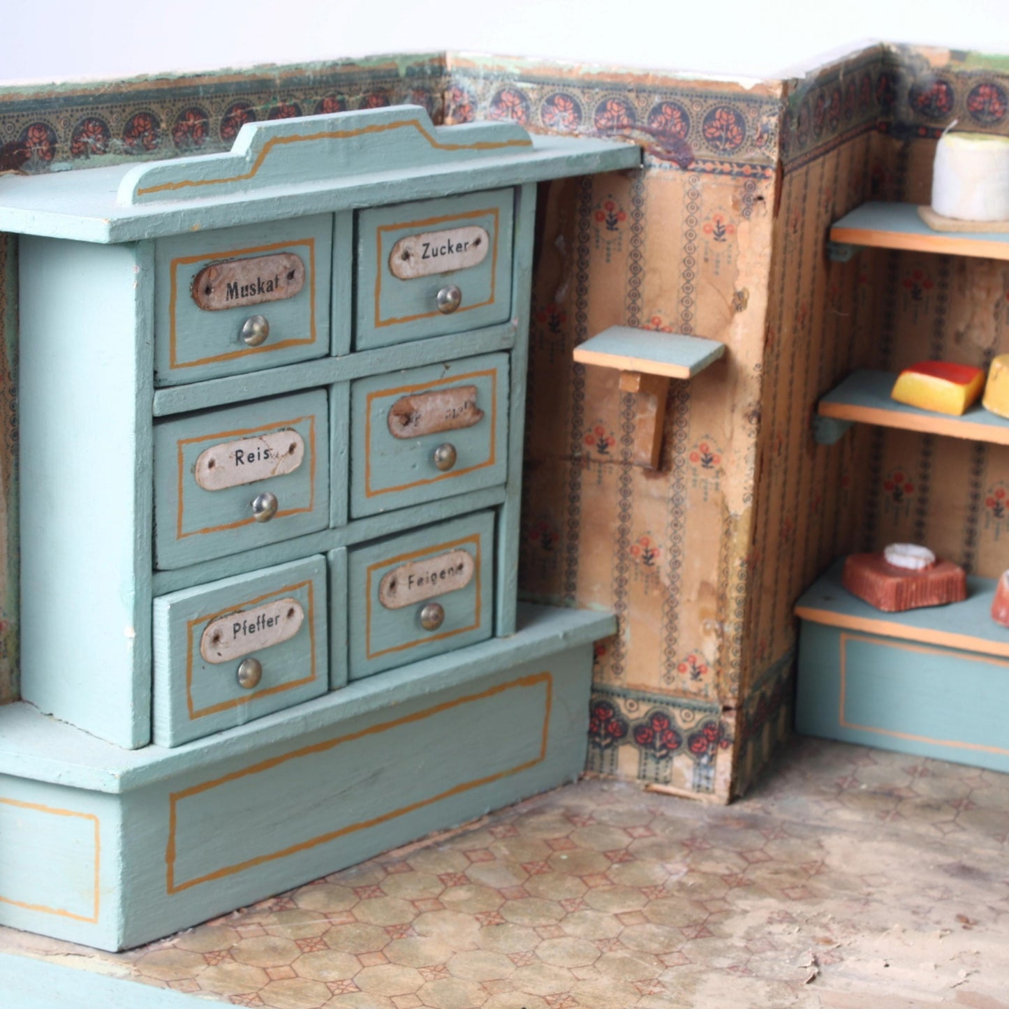 Antique Miniature Grocer or Colonial Toy Shop circa 1890–1920 | Featuring Painted Labels and Shelves | Decorative Showpiece