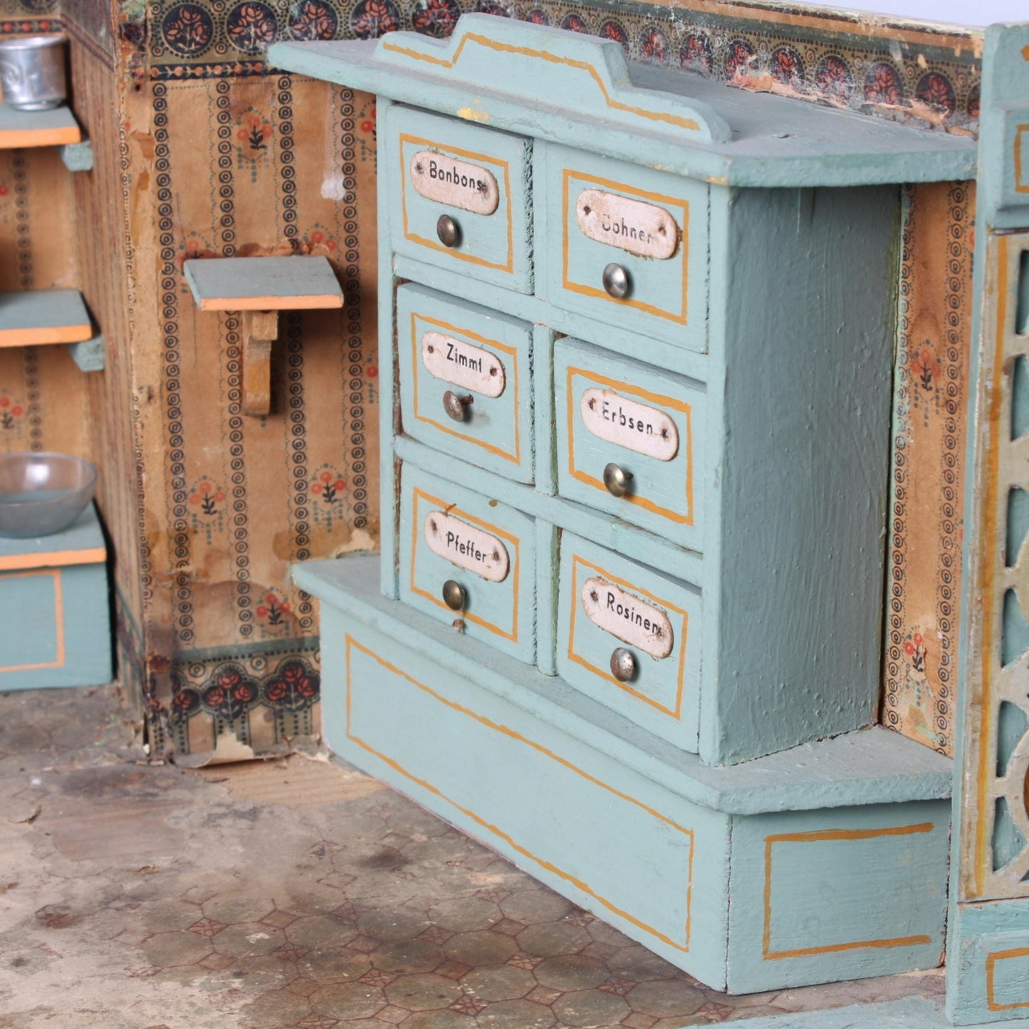 Antique Miniature Grocer or Colonial Toy Shop circa 1890–1920 | Featuring Painted Labels and Shelves | Decorative Showpiece