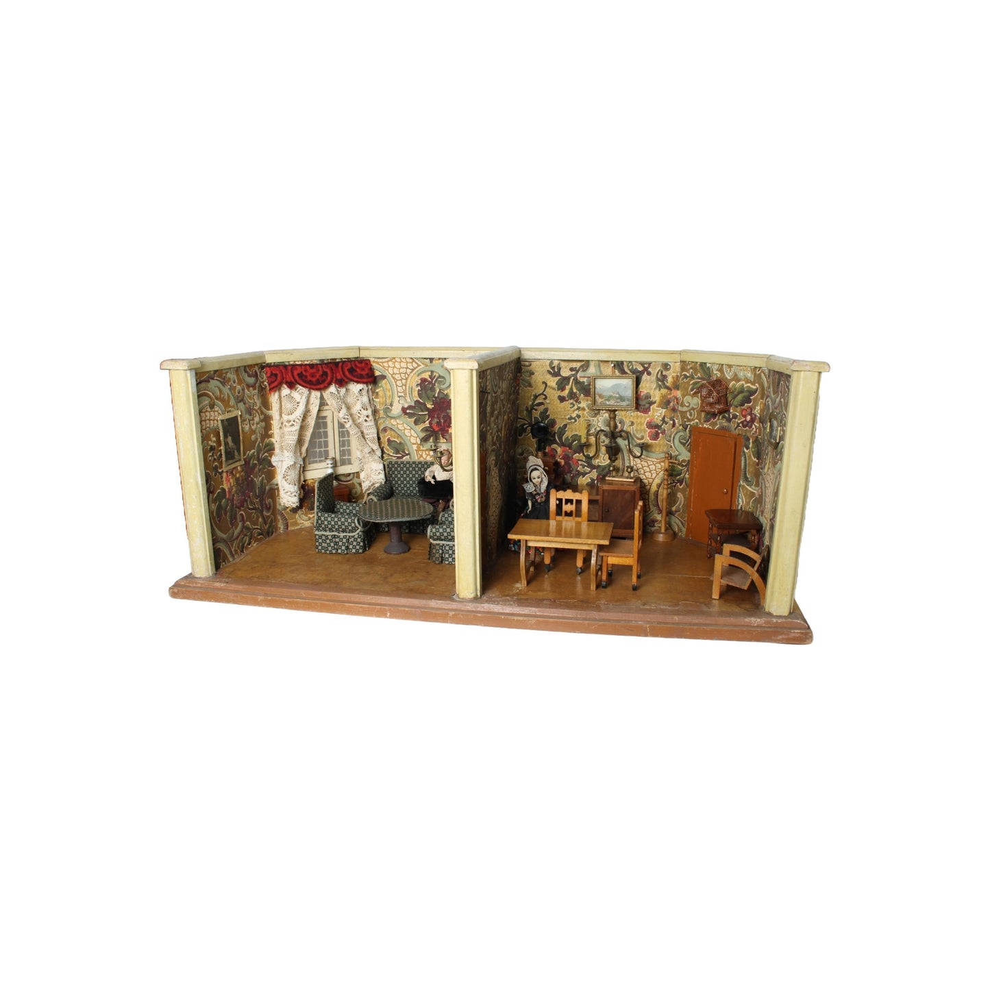 Antique Two-Room Dollhouse with Toilet, circa 1930–1950 | Complete with Furniture, Dolls & Floral Wallpaper | Rare Vintage Miniature Room