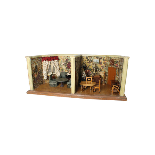 Antique Two-Room Dollhouse with Toilet, circa 1930–1950 | Complete with Furniture, Dolls & Floral Wallpaper | Rare Vintage Miniature Room