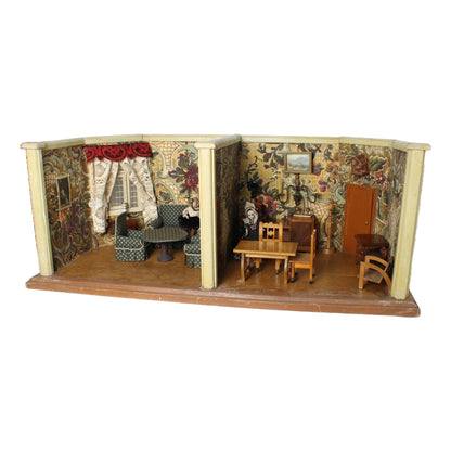 Antique Two-Room Dollhouse with Toilet, circa 1930–1950 | Complete with Furniture, Dolls & Floral Wallpaper | Rare Vintage Miniature Room