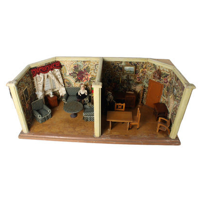 Antique Two-Room Dollhouse with Toilet, circa 1930–1950 | Complete with Furniture, Dolls & Floral Wallpaper | Rare Vintage Miniature Room