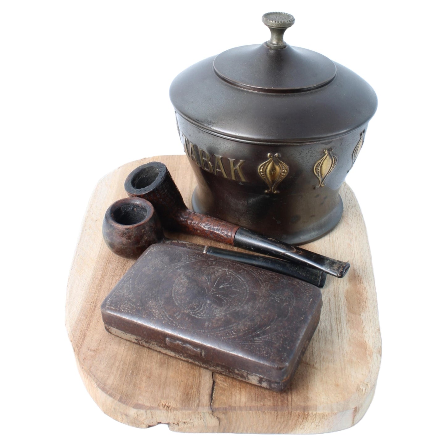 Vintage Metal Tobacco Jar with Wooden Pipes, Tin Pouch, and Wooden Base – Complete Smoking Set from circa 1930–1960, Nostalgic Gift