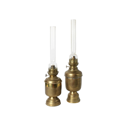 Set of 2 vintage brass oil lamps from the Netherlands, glass chimneys, handmade oil burners, circa 1940–1960, Made in Holland
